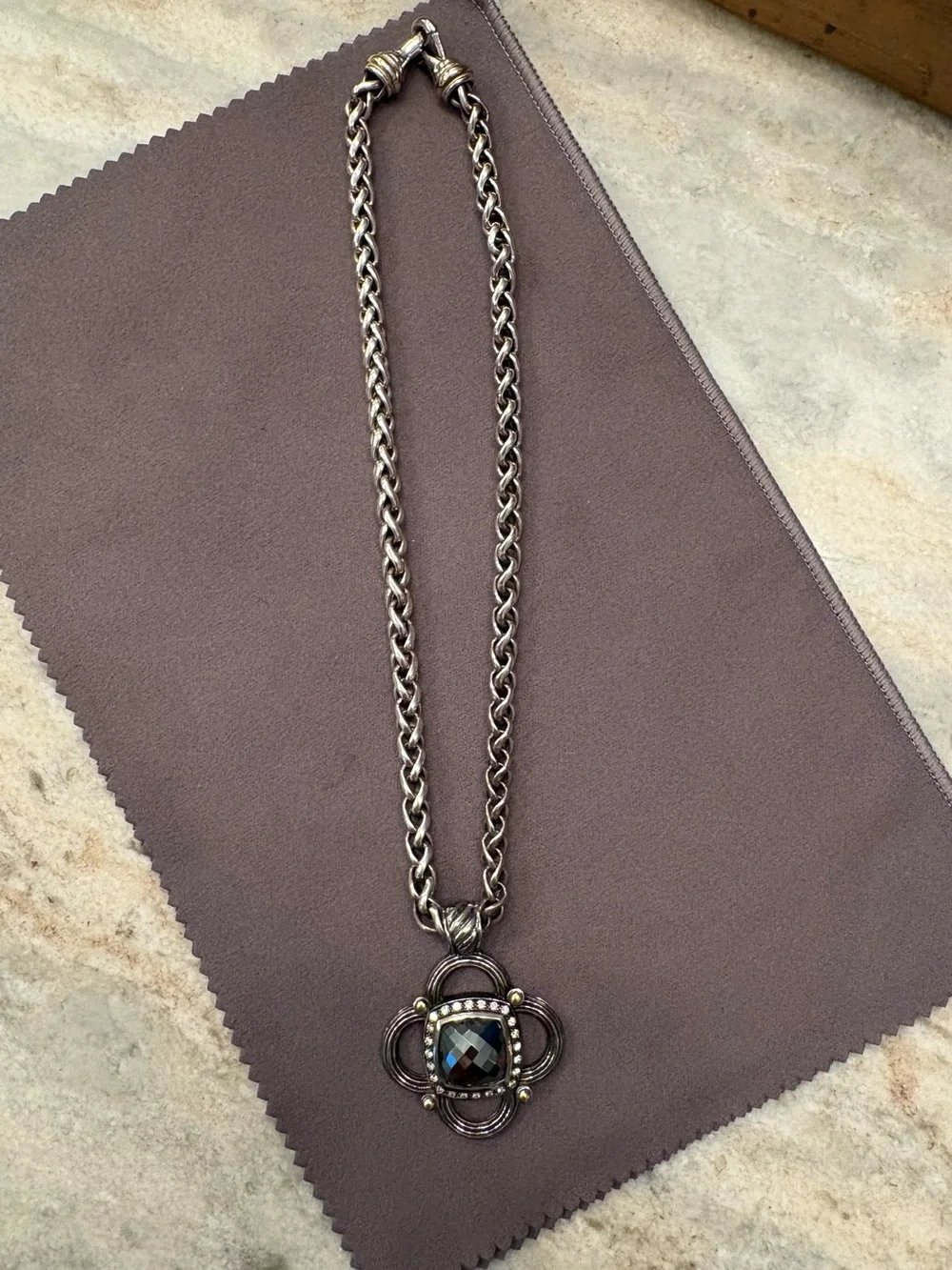 David Yurman Black Onyx and Diamond Accent Clover Pendant with Gold Details